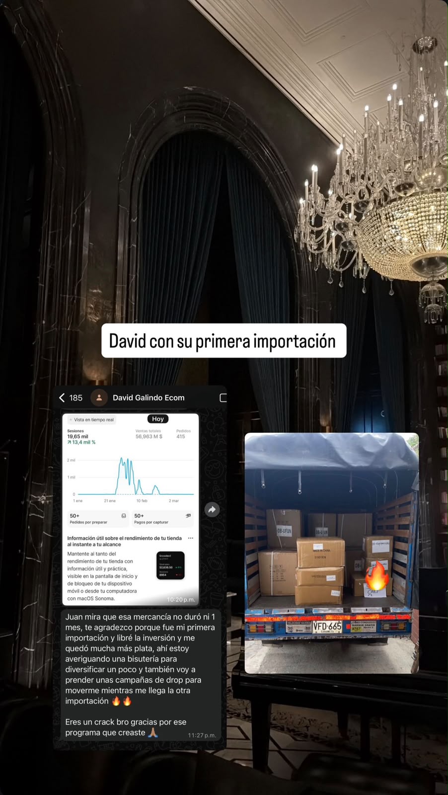 Camión con la primera importación de David y su panel de ventas